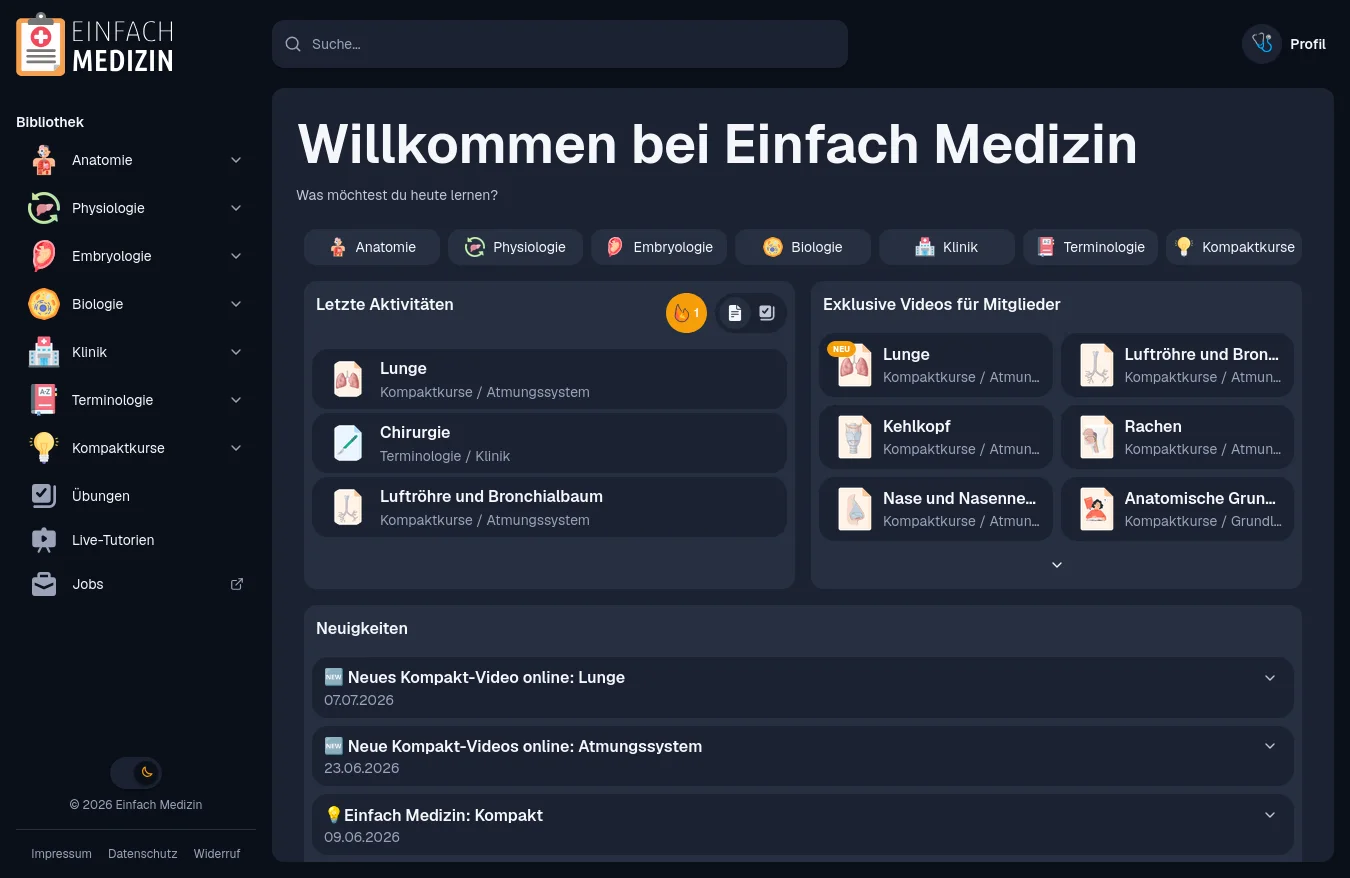 Dashboard von Einfach Medizin mit Fächerübersicht und Neuigkeiten