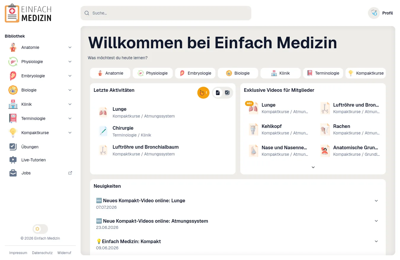 Dashboard von Einfach Medizin mit Fächerübersicht und Neuigkeiten